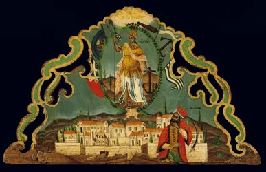 Pelmet representando o renascimento da Grécia acima de uma representação de Constantinopla, de Syros, Cyclades (ovo tempera na madeira)